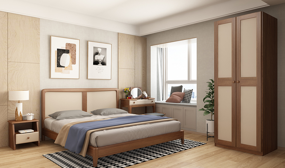 A3103床+B3103床頭柜+C3101妝臺+E3101妝凳+D3101A2二門衣柜